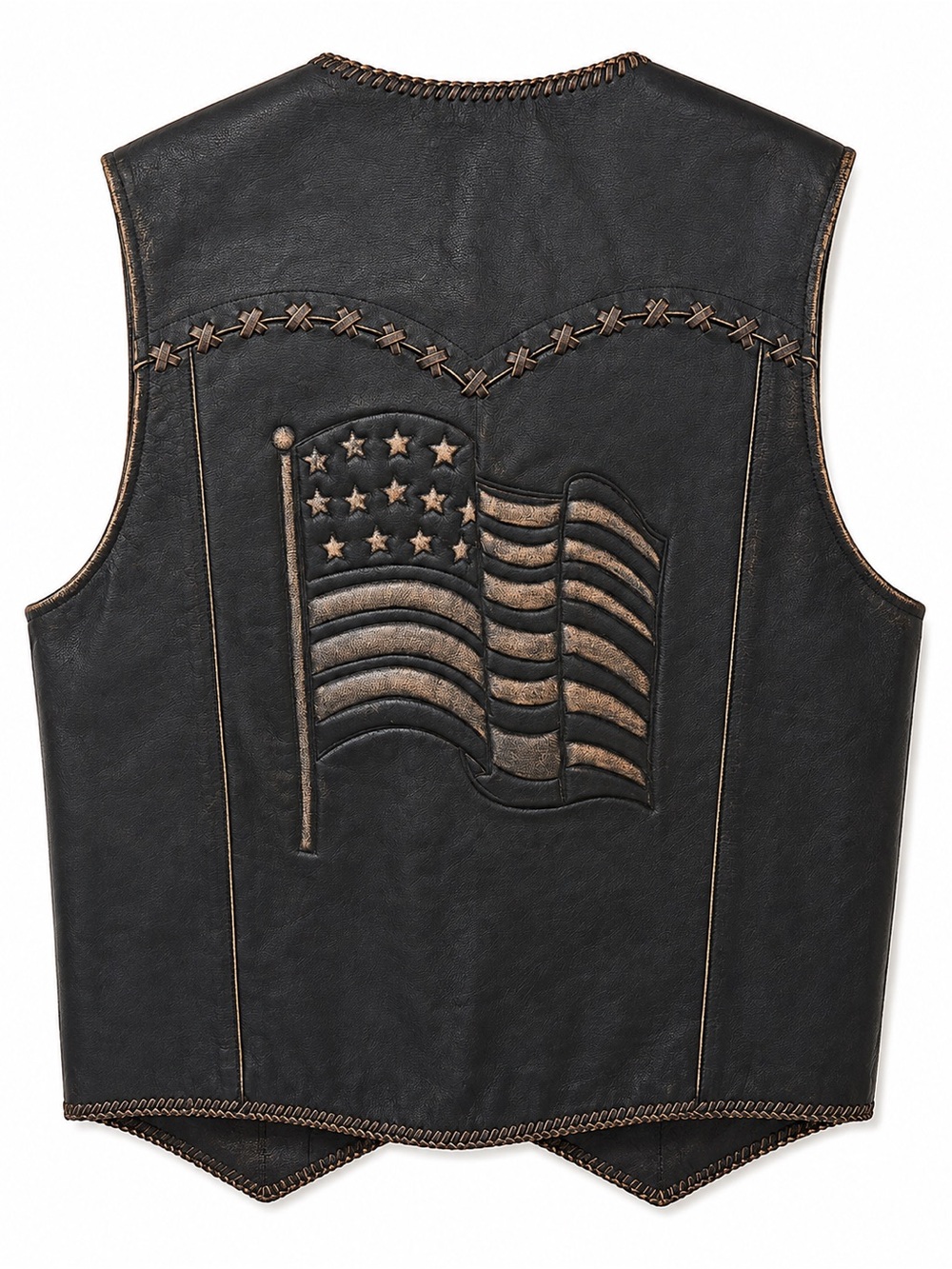 Black Leather Vest with Embossed American Flag